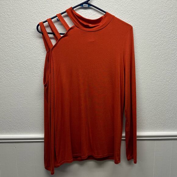 GUC! BiBi Women’s Oversized Sm Orange Asymmetrical Cold Shoulder Long Sleeve Top - Picture 3 of 8